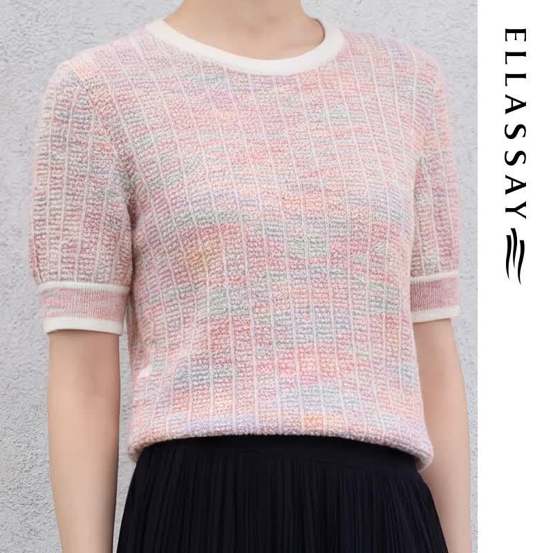 ELLASSAY Women's Colorful Tweed Short-Sleeve Knit Top