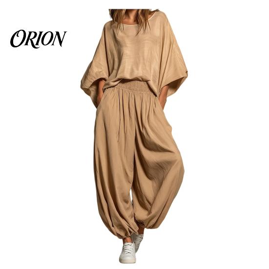 Loose Fit Women Set Women's 2 Piece Sets, Crew Neck Batwing Sleeve Top Two-piece And Lantern Pants Summer Travel Vacation Outfits with Pockets Suit