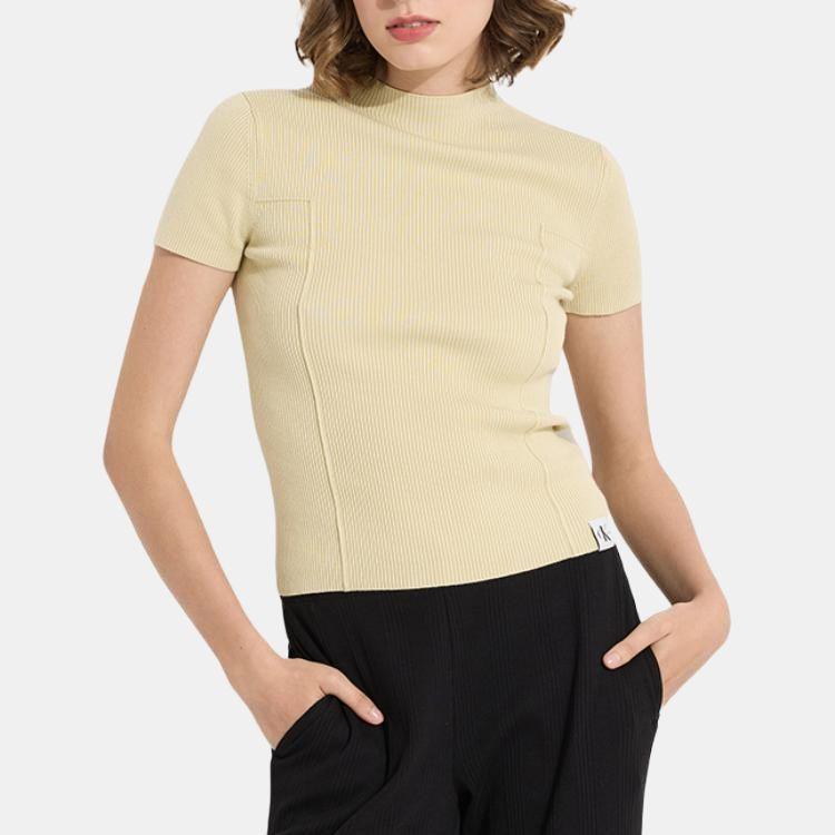 Calvin Klein Solid Color Stand Collar Pullover Short Sleeve T-Shirt Women Tops Beige J20J223148-LFU