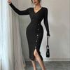 Women's Fashion Ribbed Knitted Bodycon Wrap Midi Dress With V-Neck, Long Sleeves, Button Detail And Slim Fit