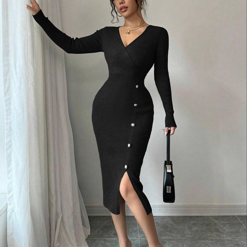 Women's Fashion Ribbed Knitted Bodycon Wrap Midi Dress With V-Neck, Long Sleeves, Button Detail And Slim Fit