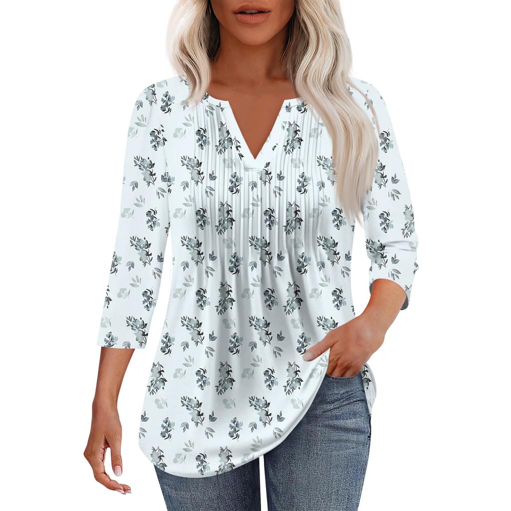 Γυναικείο μοντέρνο casual t-shirt με πλισέ λαιμόκοψη σε χρώμα V και μανίκια επτά τετάρτων