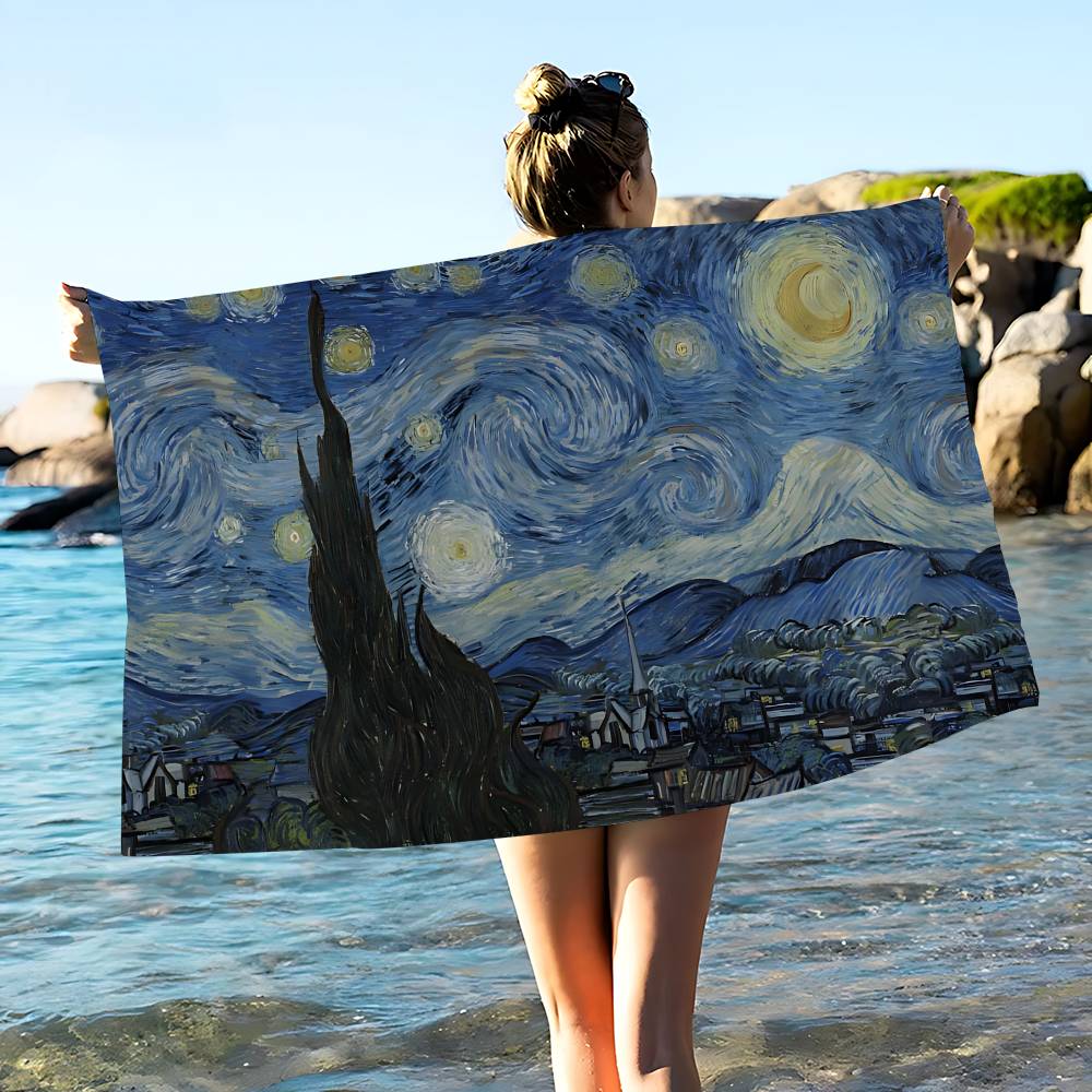 Van Gogh Starry Sky Art Microfiber Printed Beach Towel Mountain Climbing Yoga Beach Swimming Running Absorbent Soft Towel