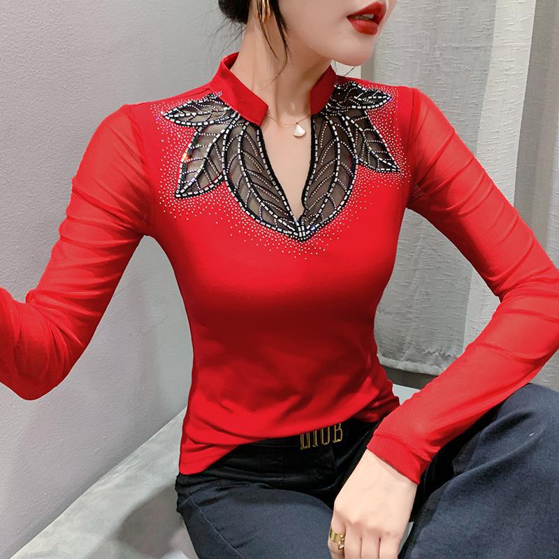

2023 Ранняя осень Дизайнерская облегающая блузка с яркой отделкой из бриллиантов для женщин 3XL красный