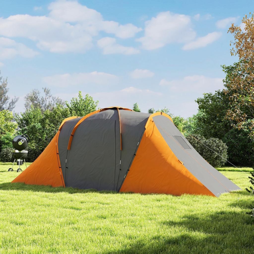 Großes Campingzelt Tunnelzelt mit 2 Schlafzimmern und Wohnbereich, 2000mm Wasserdicht, Tragbar mit Tasche für 4 Personen, Orange