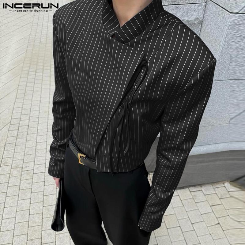 INCERUN Men Stand Neck Long Sleeve Striped Side Bandage Cropped Short Shirts