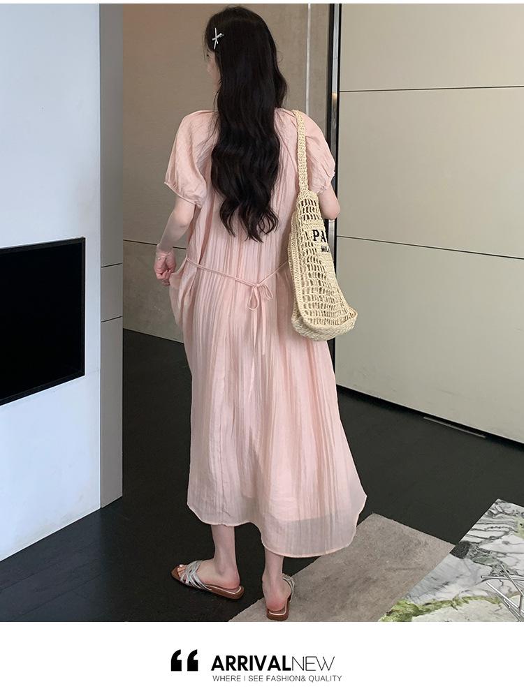 2026 Summer New Maternity Fairy Dress: Simple Round Neck, Loose Fit with Slimming Belt