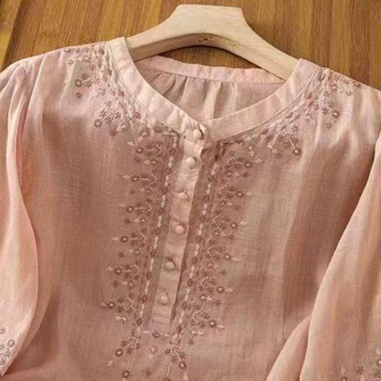 Embroidery Flower Pattern Women Shirt Retro Style Round Neck Pullover Tops 3 4 Sleeve Summer Casual Blouse