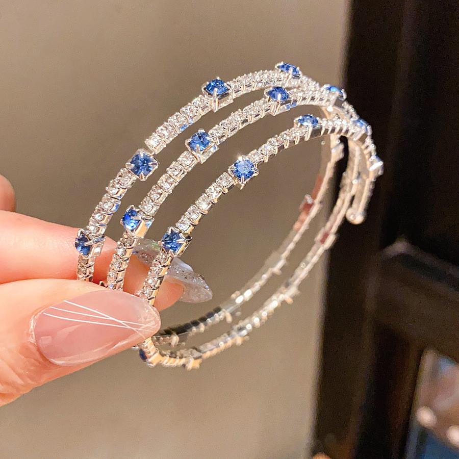 Geometric Zircon Threelayer Open Cuff Bracelet With Silver Blue Finish For Fashionable Women