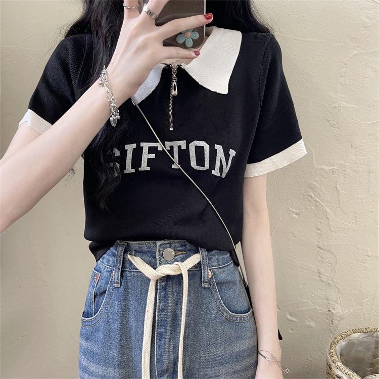 

Женский летний трикотажный топ с молнией и цветными блоками - Облегающий крой с короткими рукавами и отложным воротником One Size чёрный