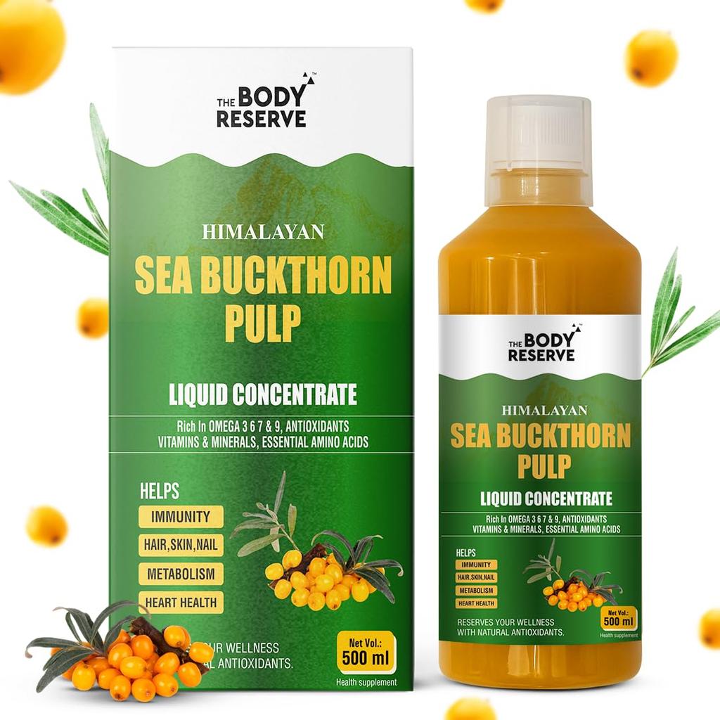 The Body Reserve Himalayan Sea Buckthorn Juice 500ml | Cold Pressed Seabuckthorn Berry Pulp Concentrate | Natural Vitamin C | Omega 3-6-7-9 | Ant
