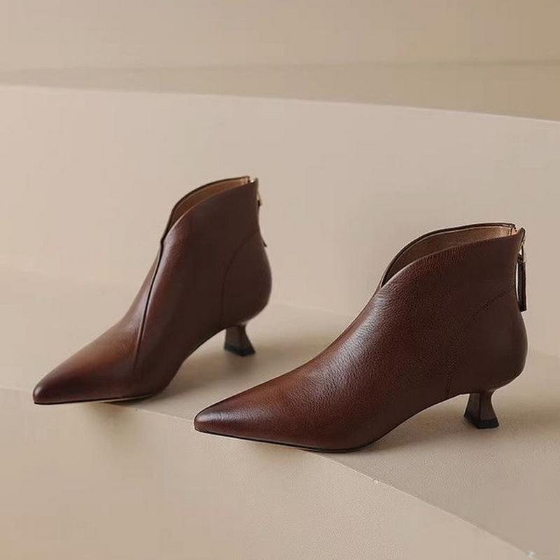 Fashion FHC New Autumn Women Ankle Boots,Fashion Soft Leather Shoes,Back Zip,Mid Heels Short Botas,Pointed Toe,Black,Brown,Dropship