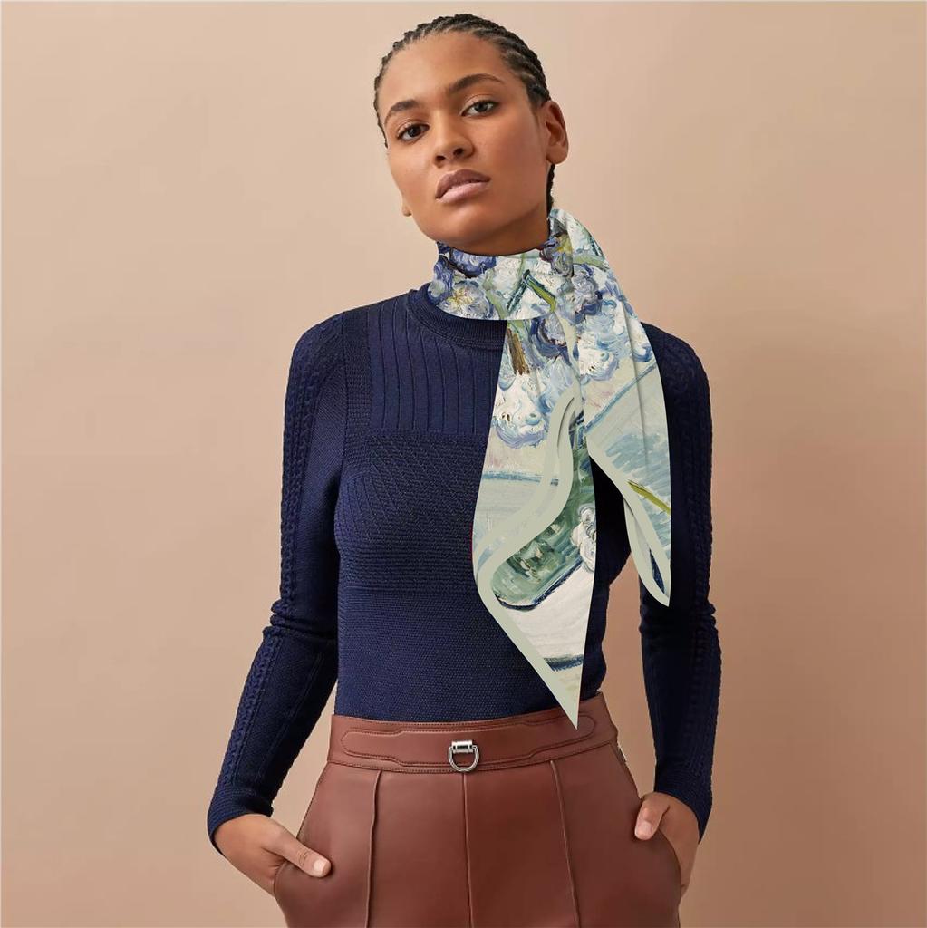 Silk Scarf Women Iris Print Square Scarves Head Echarpes Silk Foulards Femme Wraps Beach Shawls Bandana Lady Hijabs 90CM