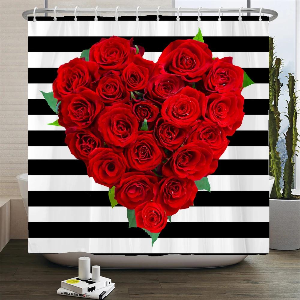 Perfume Bottle Flower Shower Curtain Set Black White Stripes Fashion Girl Woman Bathroom Decor Polyester Bath Curtains Hooks