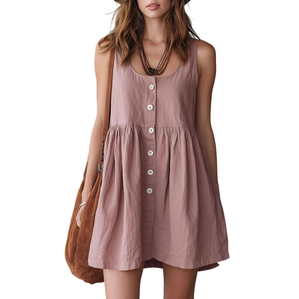 Sleeveless Button Front Mini Dress Casual Loose Fit Summer Sundress Lightweight Soft Fabric Tank Style