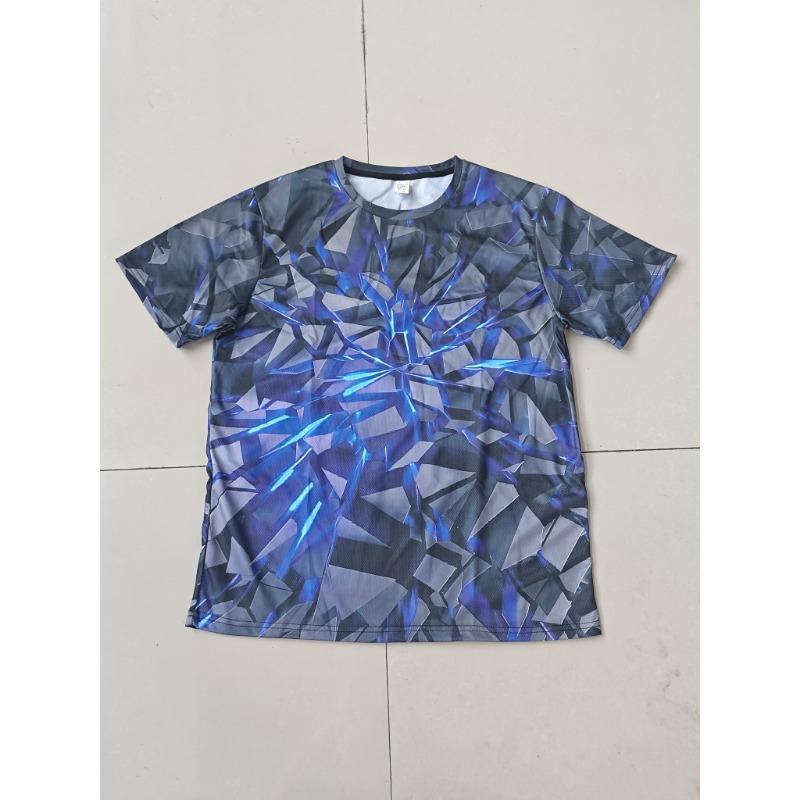 Abstract 3D Geometric Shattered Stone Printed T-Shirt for Men Cool Luminous Blue Crack Pattern Short Sleeve Tees Casual Round Neck Summer Outfits Top