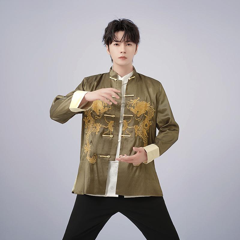 Spring and Autumn Men Embroidered Tops Chinese Traditional Phoenix Printed Clothes Dragon Tang Suit Clothing Long Sleeve Festival New Year Jacket