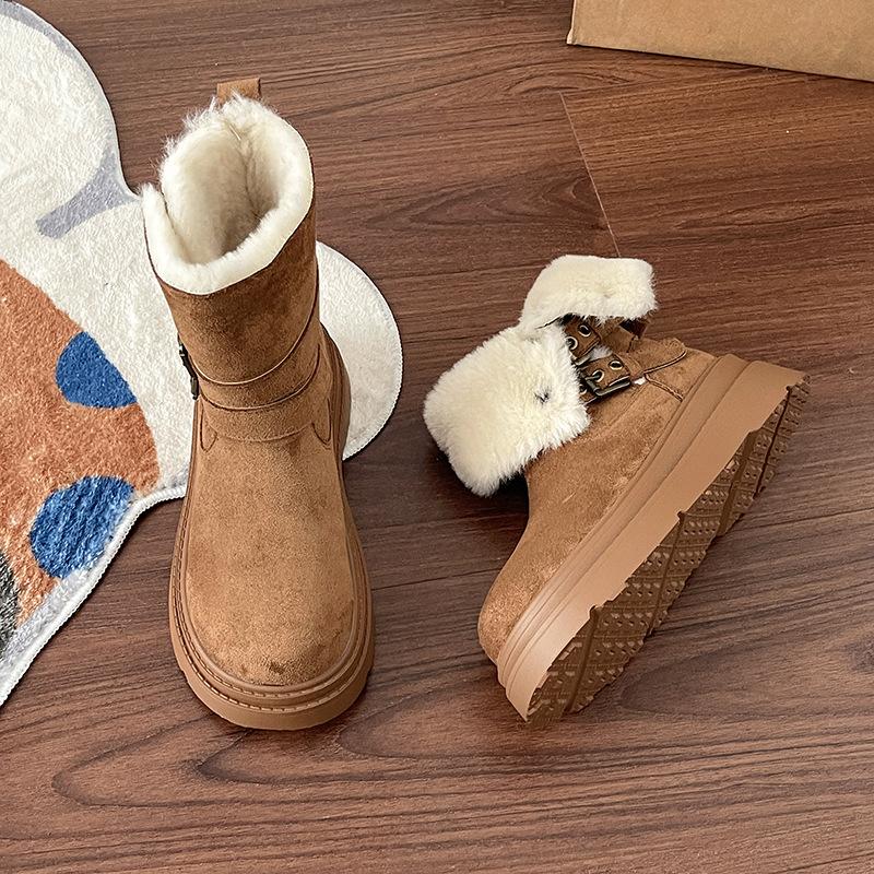 Vintage Crossbuckle Women's Martin Boots Autumn and Winter Popular Skinny Casual Snow Boots Suede Short Boots Cotton Shoes