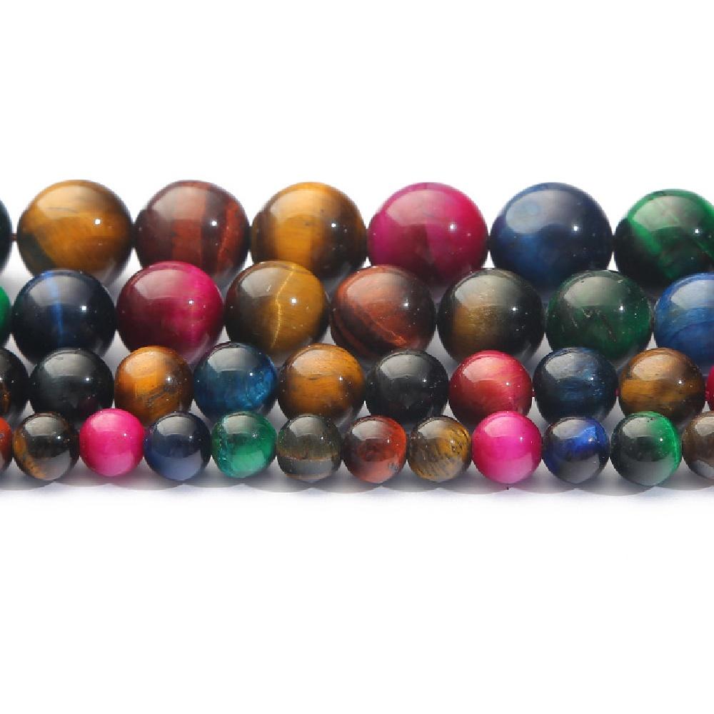 Mix Barevný Tygří oko Přírodní Kámen Korálky 15"Vlákno Hladké Volné Distanční Korálky 4/6/8/10/12mm pro Výrobu Šperků DIY Náramky Doplňky