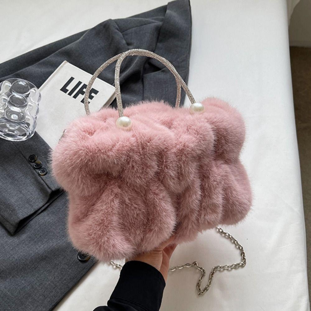 Luxury Chain Winter Fluffy Handbag Solid Color Faux Fur Crossbody Bag Girls