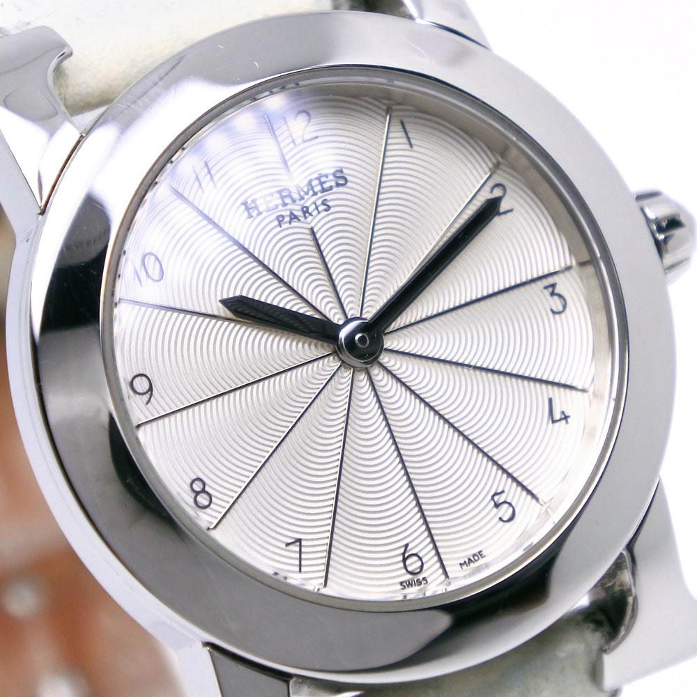 Hermes Heure H Watch Watches HR1.210 SilverDial Stainless Steel/Embossed Leather Quartz Analog Display Women Used