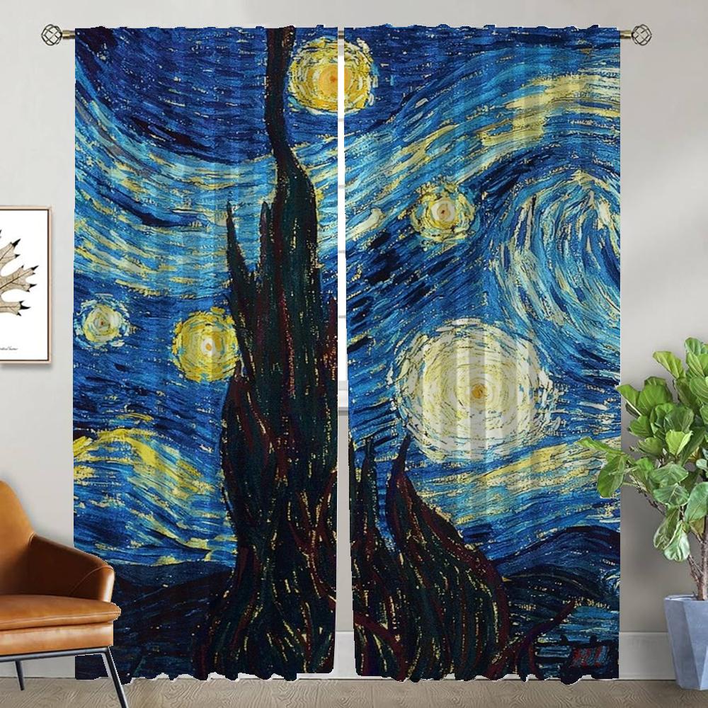 

Home Interior Curtains for Camera Van Gogh Tulle for Bedroom Curtains Child Room Partition Window Curtain Halloween Decoration W50xH70cmx2pcs-CL