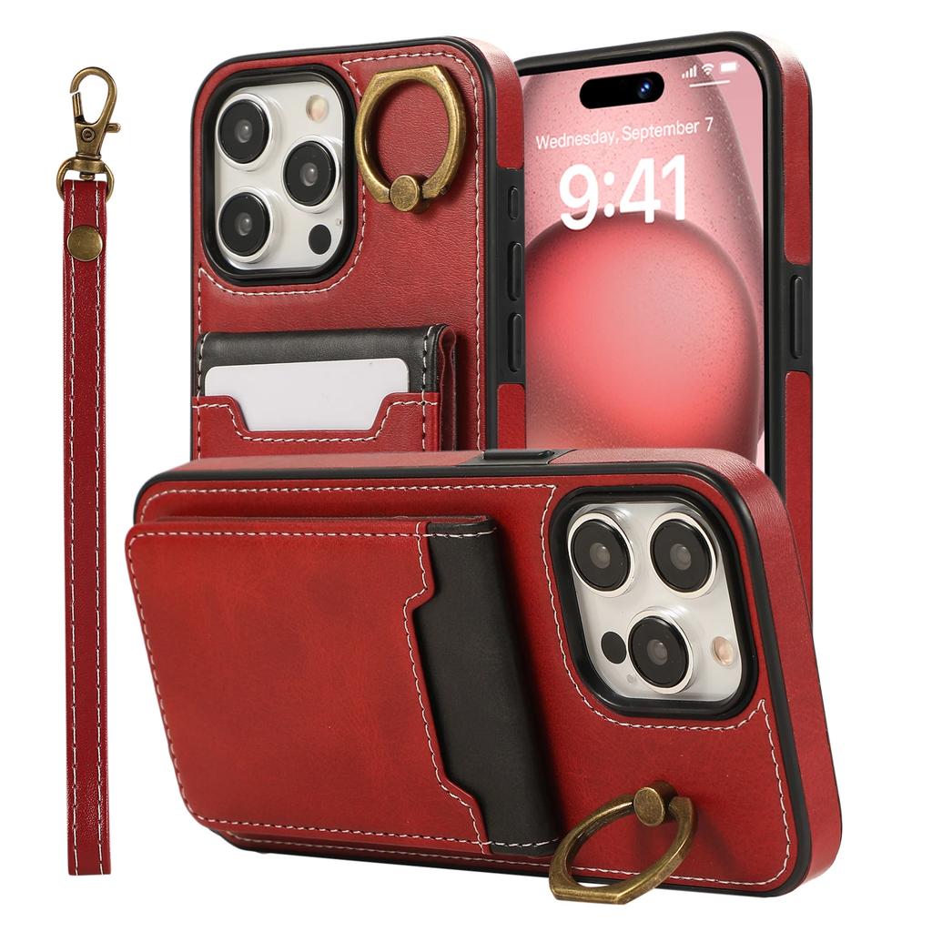 Vertical Cards Solt Ring Holder Leather Wallet Case For iPhone 15 16 Pro Max 14 Plus 13 12 11 XS XR SE2022 Stand Strap Bag Cover