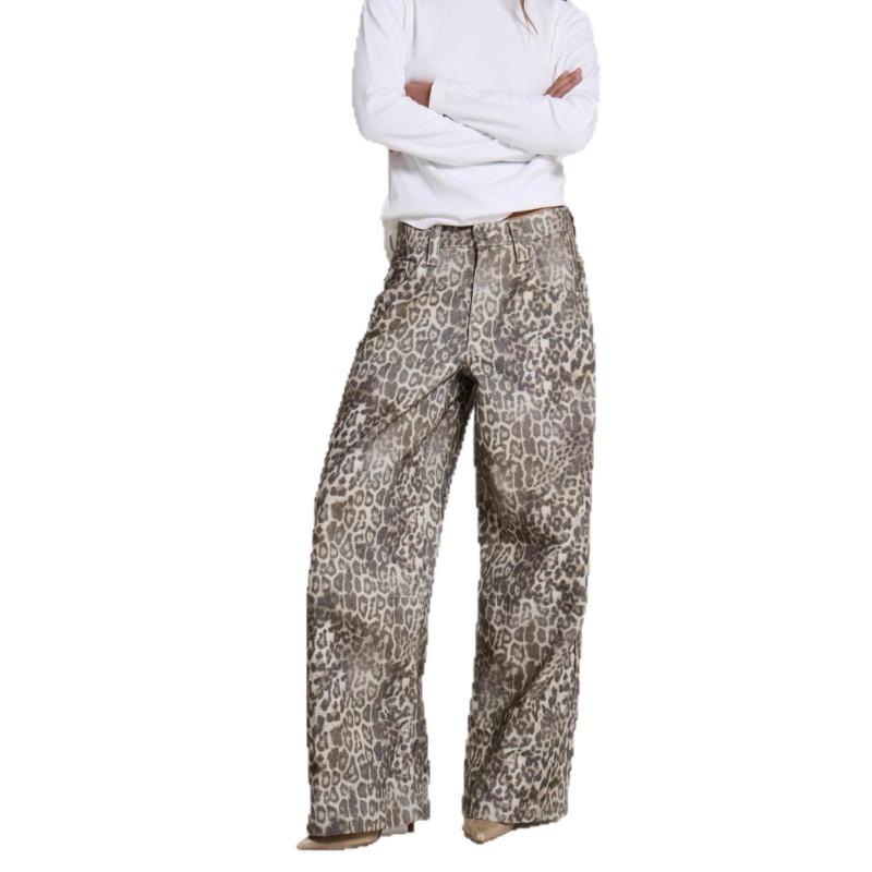 Y2K Low Waist Wide Leg Jeans Women Leopard Print Streetwear Casual Trousers