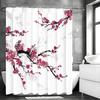 Chinese Ink Painting Peach Blossom Shower Curtain, Bathroom Decorative Shower Curtain, Waterproof Shower Curtain with Hooks