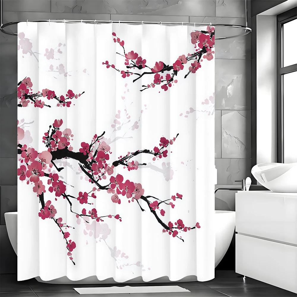 Chinese Ink Painting Peach Blossom Shower Curtain, Bathroom Decorative Shower Curtain, Waterproof Shower Curtain with Hooks
