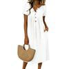 Women's Color Dress With Button Collar Short Sleeves Midi Length