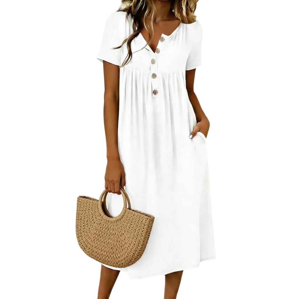 Women's Color Dress With Button Collar Short Sleeves Midi Length