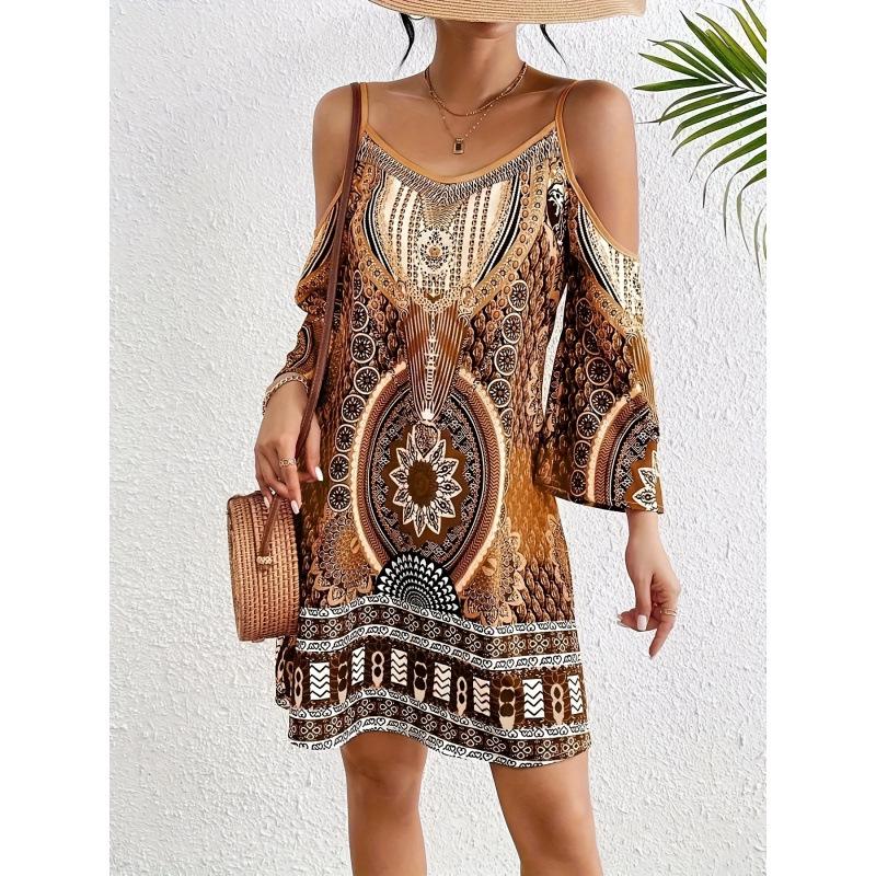 European & American Ethnic Geometric Off-Shoulder Long-Sleeve Dress - In Stock 2025