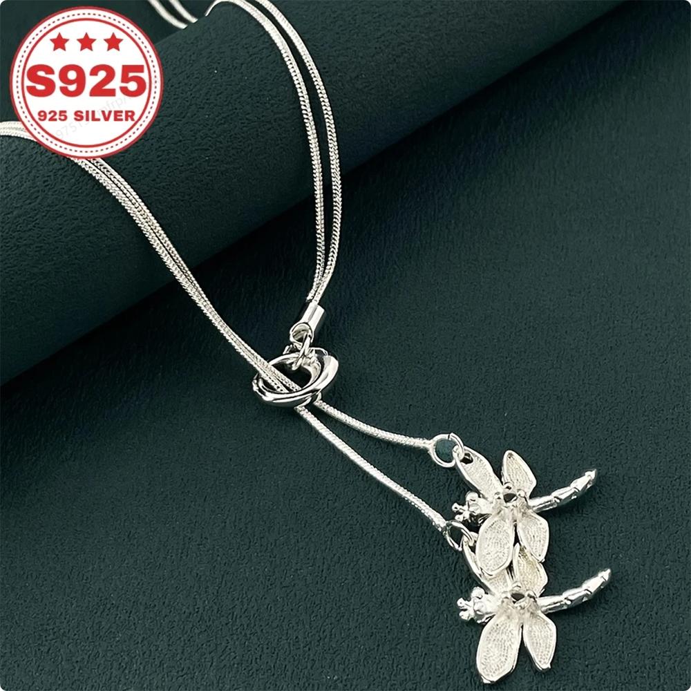 Copper Double Dragonfly Pendant Necklace, Snake Bone Chain Necklace, Fashion Accessory