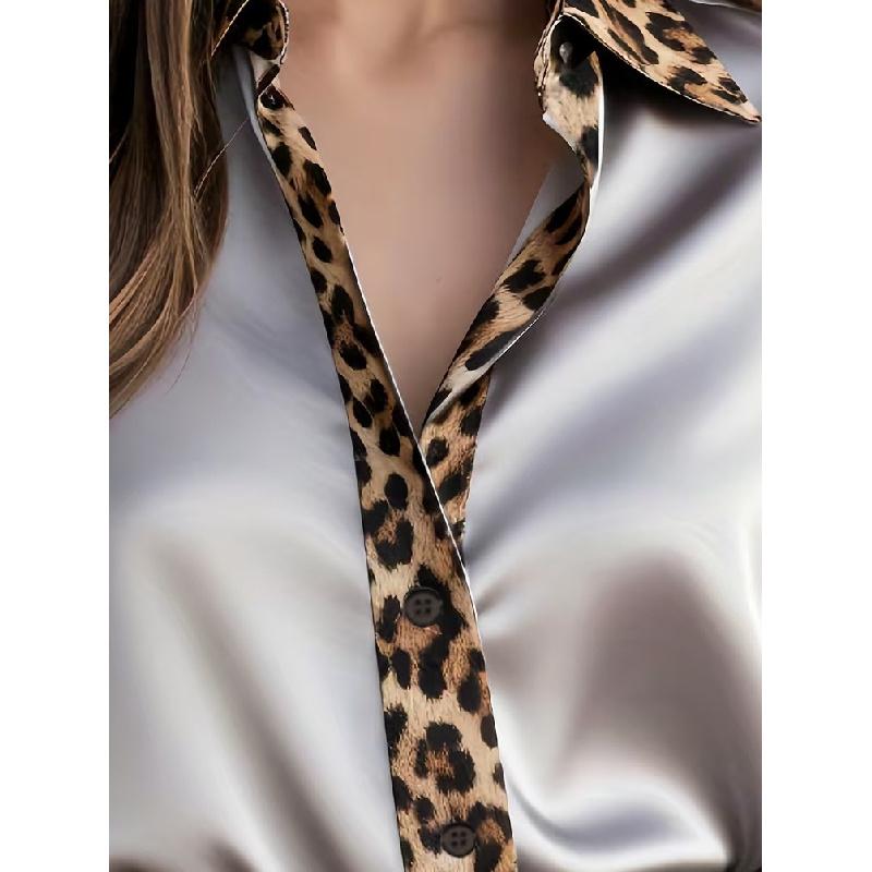 New Cross-Border Spring And Autumn Slim-Fit Long-Sleeve Leopard Print Round-Neck Satin Patchwork Shirt For Women