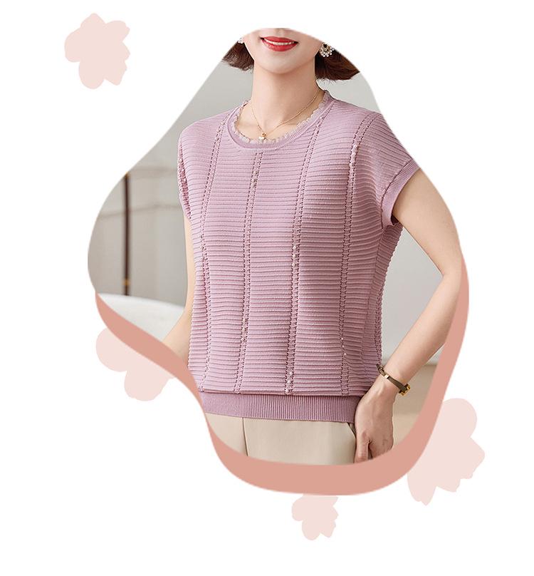 Stylish Knit Top: Women's Short-Sleeved Summer Shirt, Elegant and Versatile for Mothers and Seniors