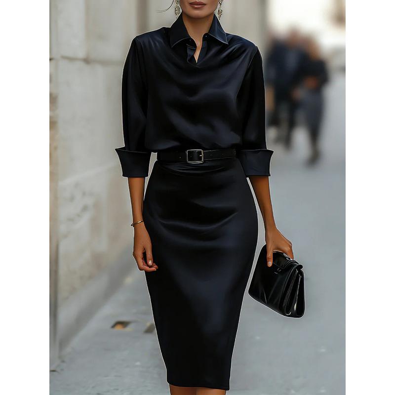 New in summer, waist and thin satin high-end long-sleeved dress for women