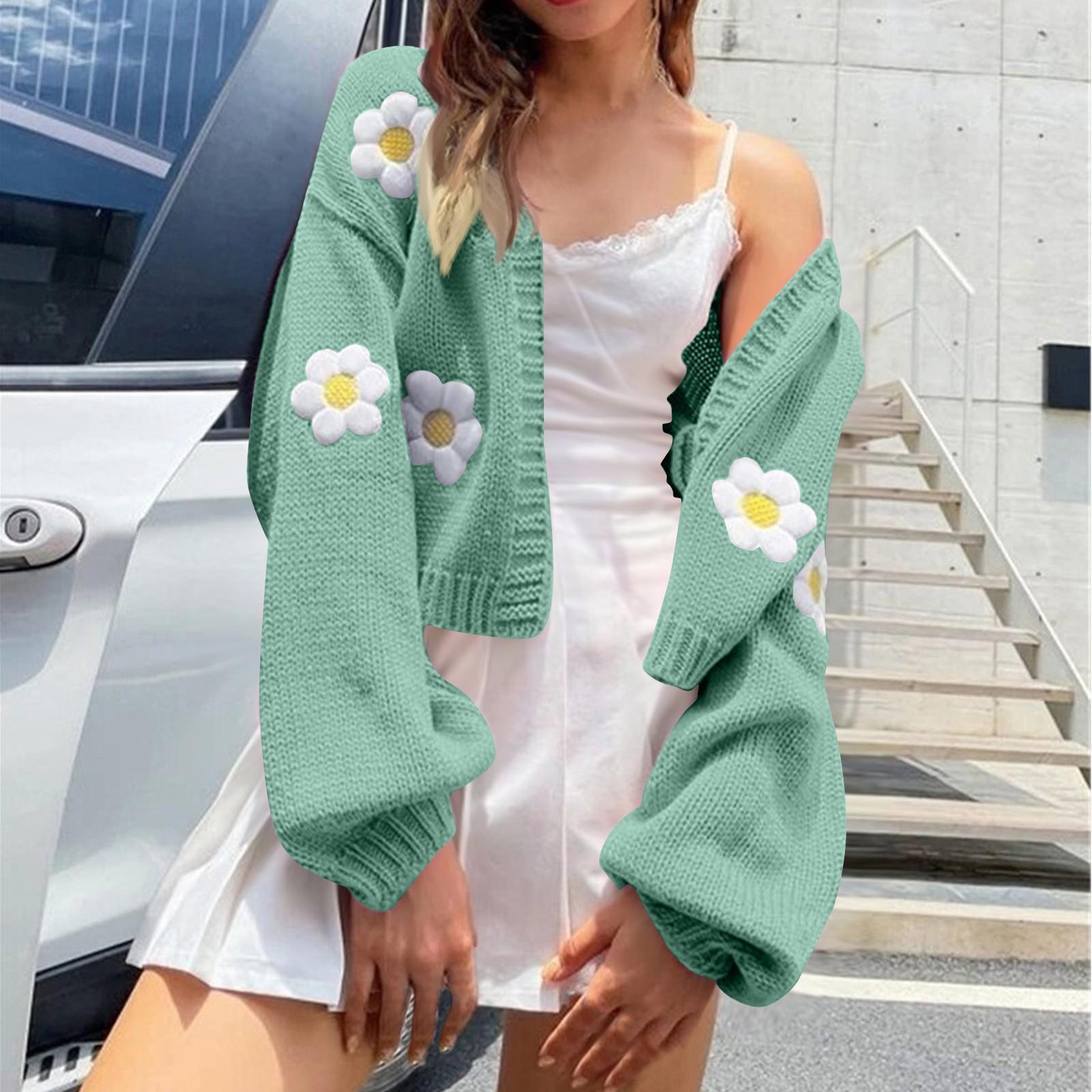 

Женский цветочный свитер, свободный короткий вязаный кардиган S зелёный