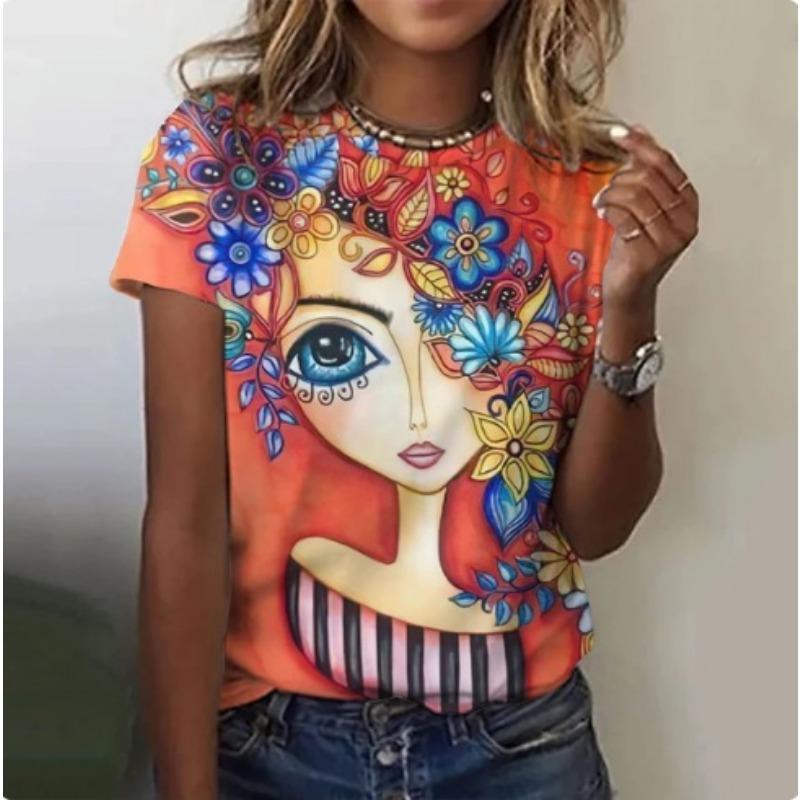 Fashionable Female Portrait 3D Printed Women's Top Harajuku Versatile Round Neck Short Sleeved T-Shirts (women’s