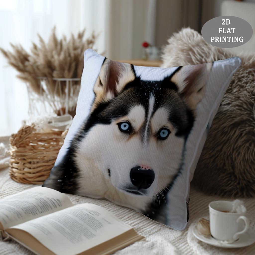 1pc Husky Dog Plush Throw Pillow Cover - Siberian Husky Face Design, Soft Couch Cushion Cover Suitable for Sofa & Bed Decor