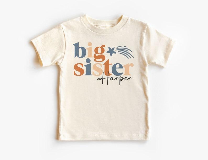 Personalized Big Sister Shooting Star Toddler Shirt, Custom Name Cute New Sis Tee, Little Girl Toddler Toddler Boho Kids Clothing 100