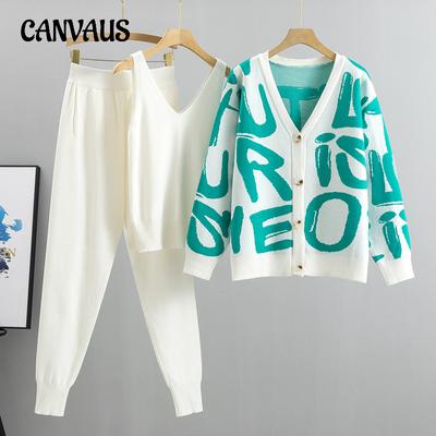 Jesienno-zimowy damski garnitur z dzianiny Moda cienka fala z dzianiny wypoczynek Modny damski trzyczęściowy temperament