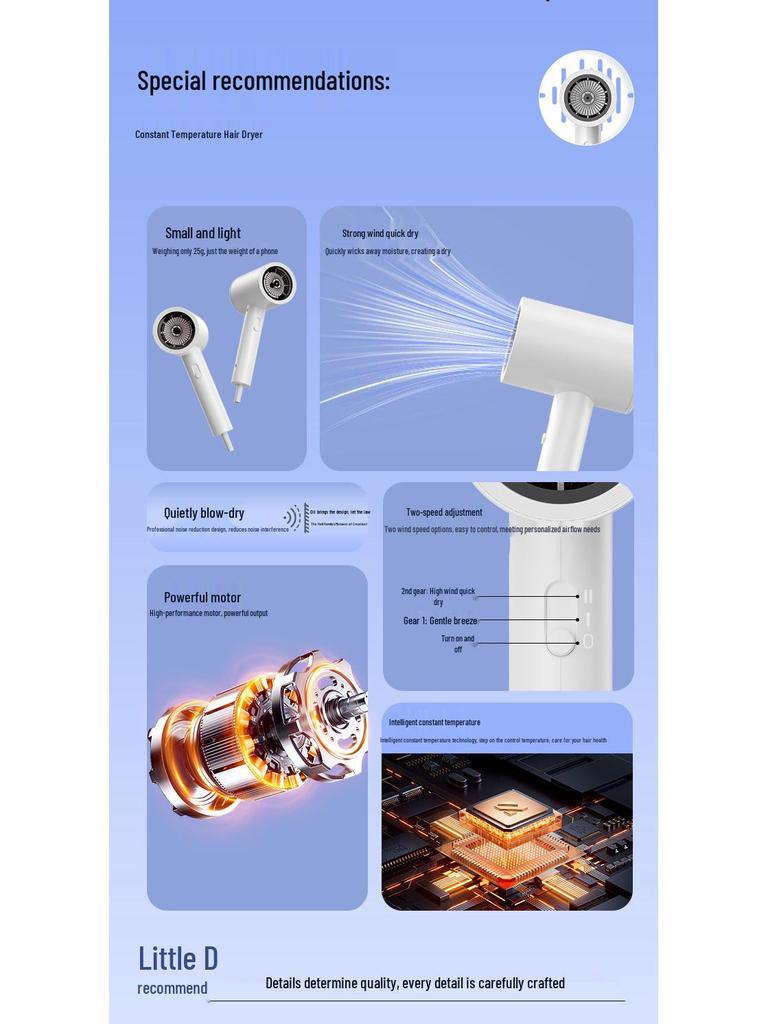 Lightweight Quiet Hair Dryer with Strong Wind & Negative Ion for Fast Drying - Ideal for Home, Travel, Dormitory & Students