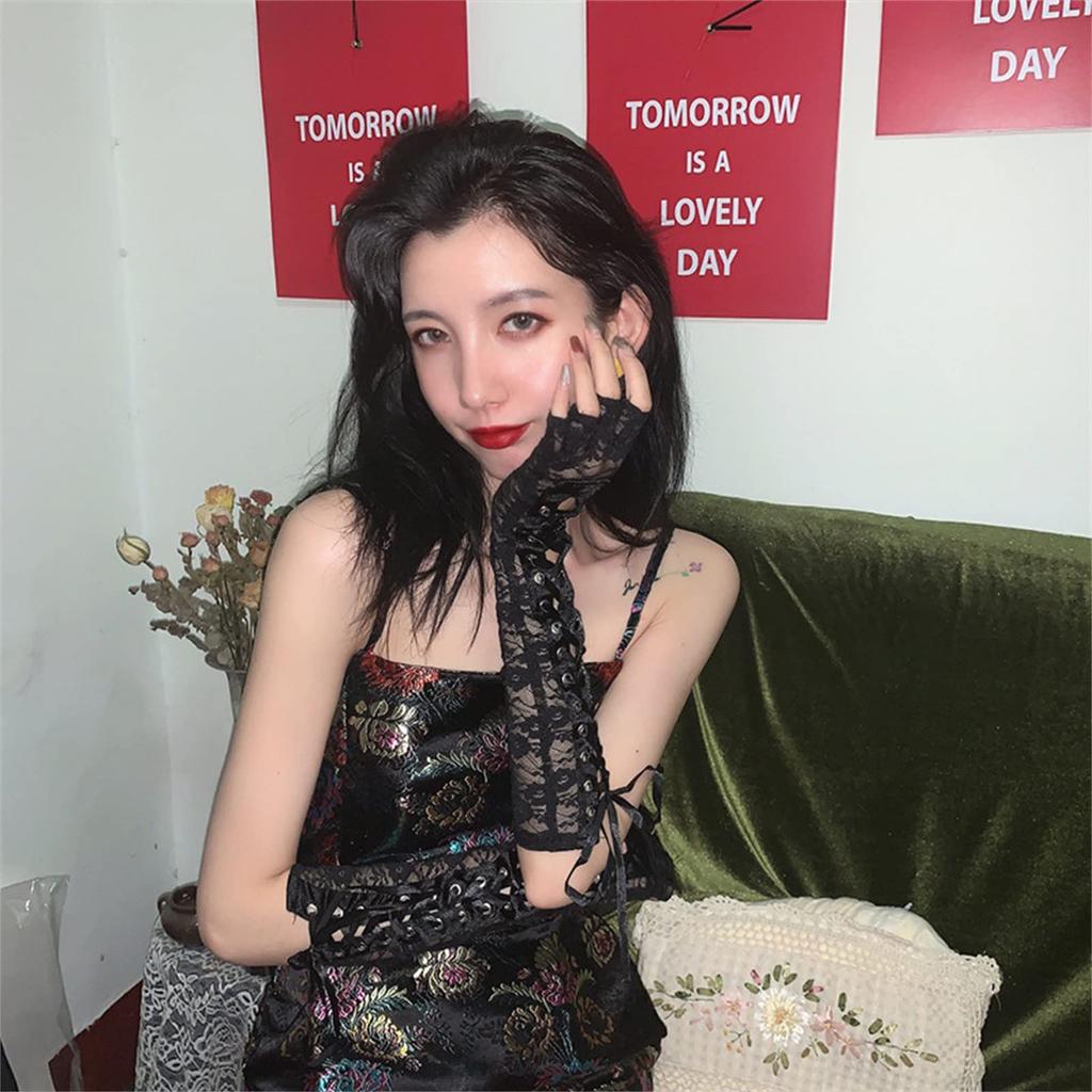 Long Fingerless Cute Gothic Lolita Floral Embroidery Party Halloween Cosplay Costume UV Protection Arm Covers [SEXYTINE] Lace-up Gloves, Gloves,