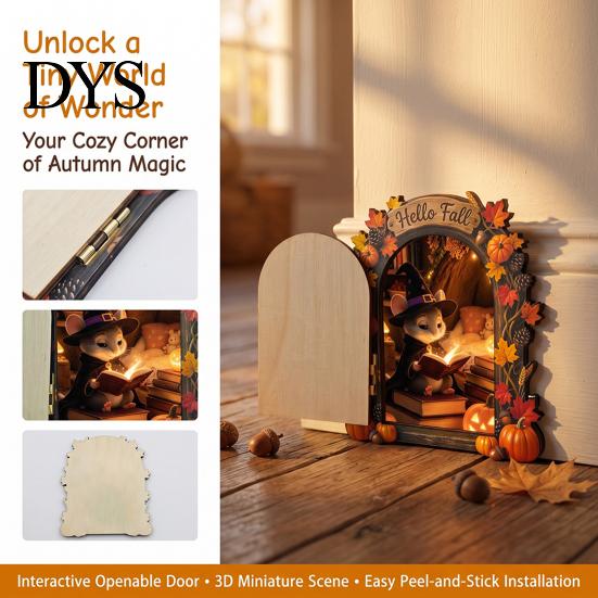 Fall Home Decor Accents Elf Wooden Door Halloween Decor, 2D Fairy Mouse Miniature Wall Rustic Autumn Shelf Hanging, Ornament for Home, Thanksgiving