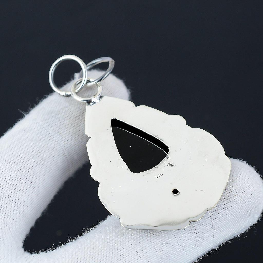 Natürlicher Schwarzer Onyx Edelstein Silber Anhänger aus 925 Sterling Silber - Handgemachtes Design, Alltagsschmuck, Einzigartiger schwarzer Rückenmarksanhänger Geschenk für Mama