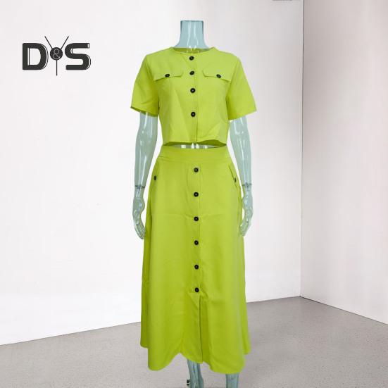 Women's Shirt And Skirt Solid Color O Neck Button Down Blouse Skirt with Pockets Summer Outfit for Office Business Occasions