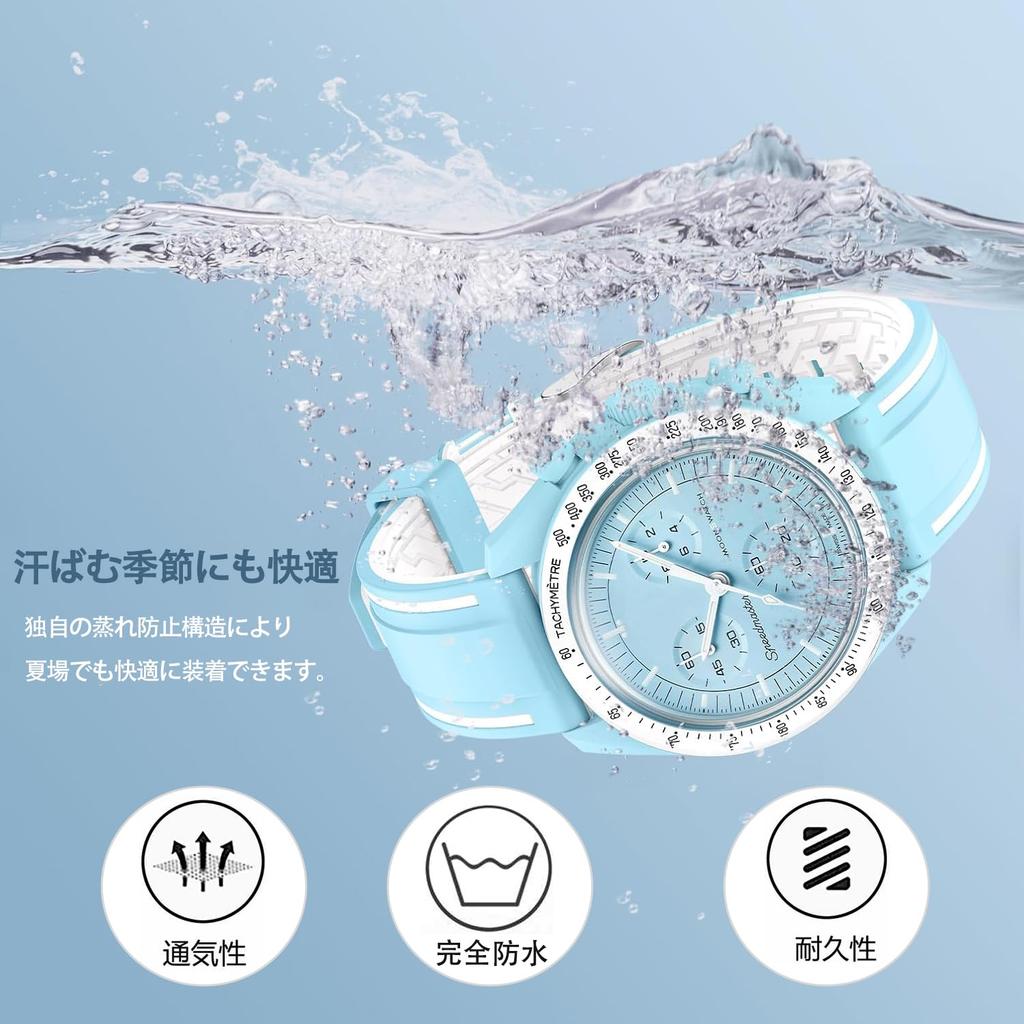 Jumpsunfun 20mm Watch Band for Swatch X OMEGA Speedmaster Silicone Watch Strap with Quick Release Replacement Light Blue with White Lines MoonSwatch,