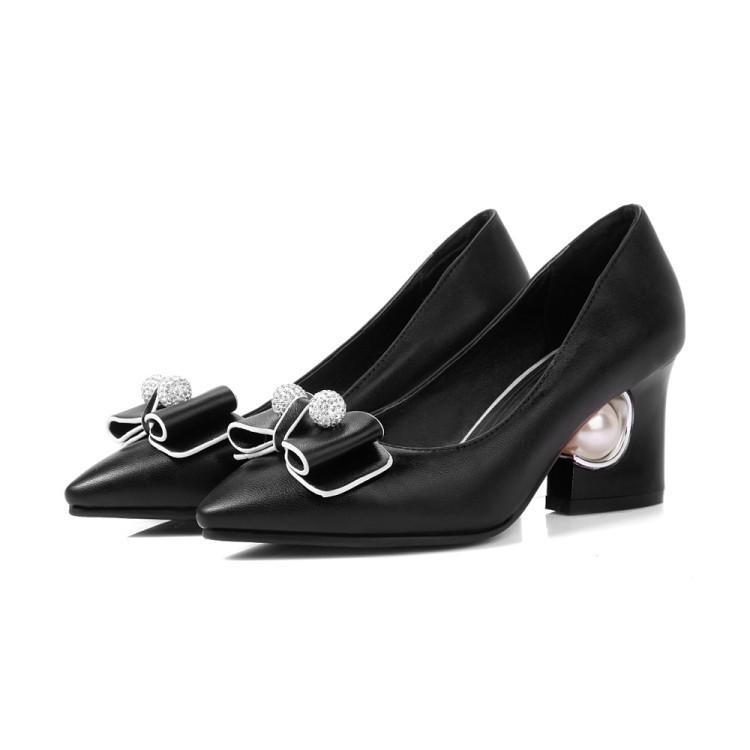 Spring, summer and autumn new sweet bow middle heel single shoes women's sexy pointed rhinestone thick heel shoes