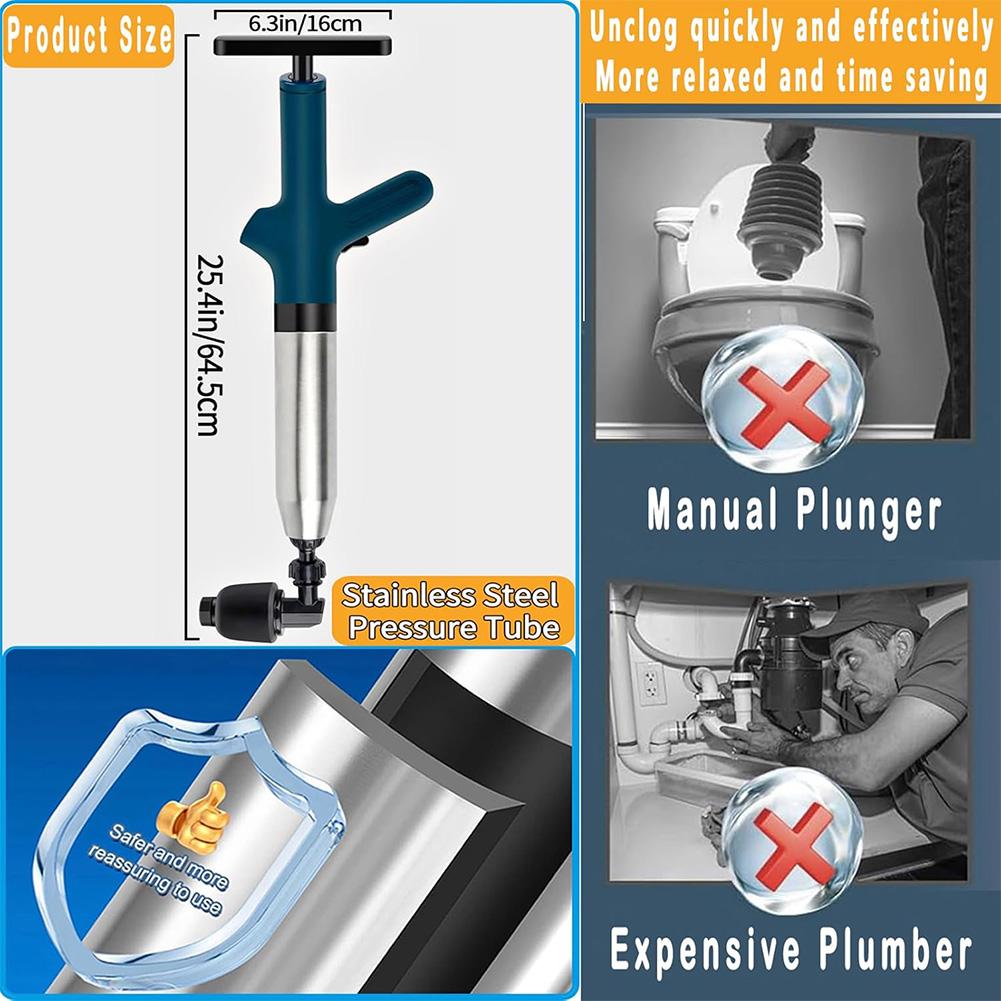 Drain Clog Remover Stainless Steel Electric Toilet Plunger Air Drain Blaster Toilet Plunge Blaster for Kitchen Bathroom